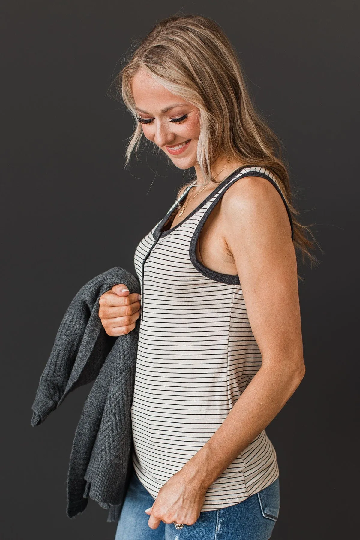 Good Impressions Button Tank Top- Oatmeal & Charcoal