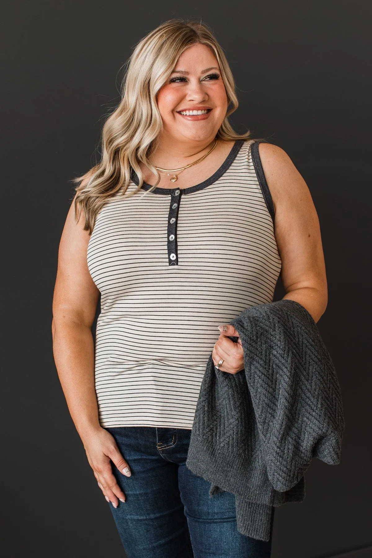 Good Impressions Button Tank Top- Oatmeal & Charcoal