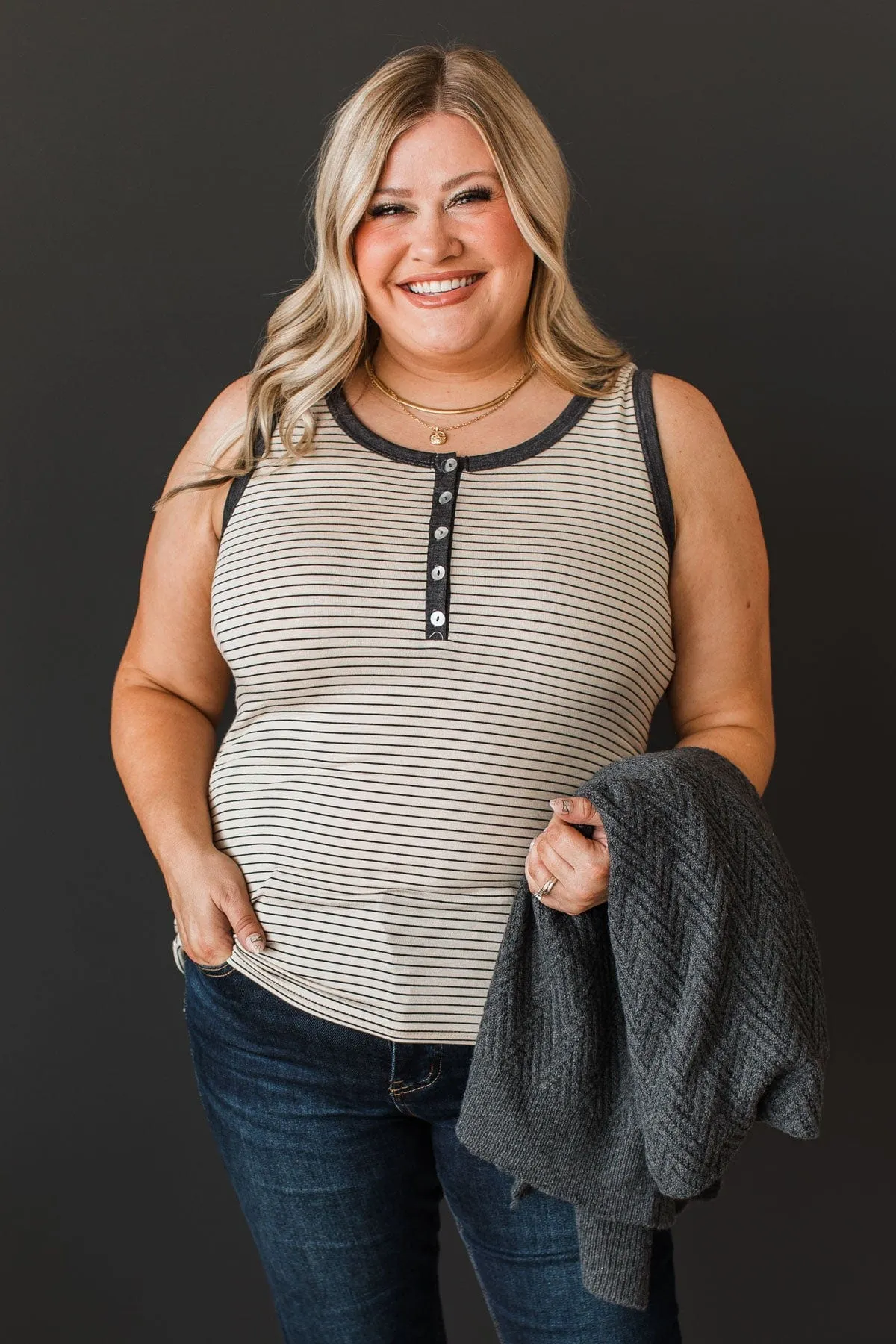 Good Impressions Button Tank Top- Oatmeal & Charcoal
