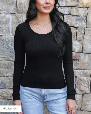 Grace and Lace Waist Length Scoop Neck Long Sleeve Brami in Black