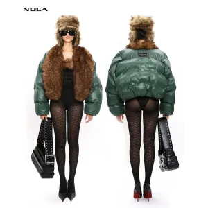 Green Faux Fur Trim Puffer Jacket