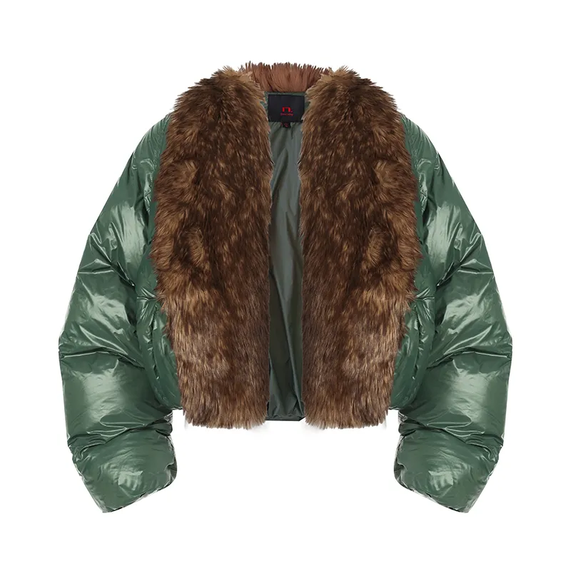 Green Faux Fur Trim Puffer Jacket