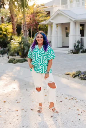 Green   White Geo Pattern Button Front Blouse