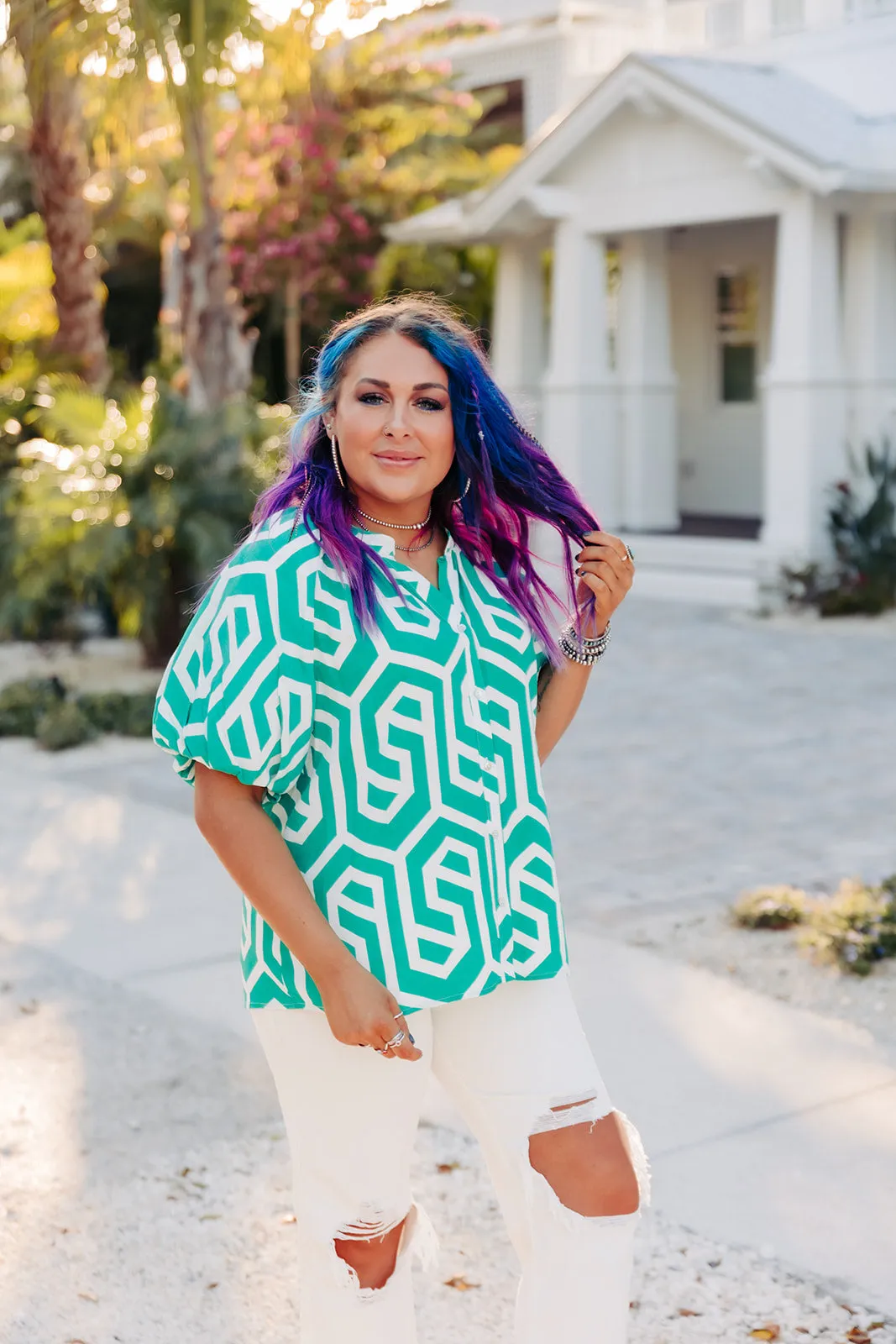 Green   White Geo Pattern Button Front Blouse