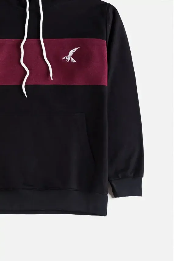Hawkify Premium Cotton Fleece Hoodie-Black With Maroon Panel
