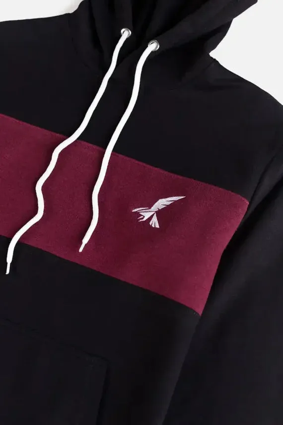 Hawkify Premium Cotton Fleece Hoodie-Black With Maroon Panel