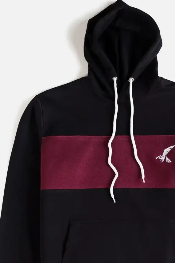 Hawkify Premium Cotton Fleece Hoodie-Black With Maroon Panel