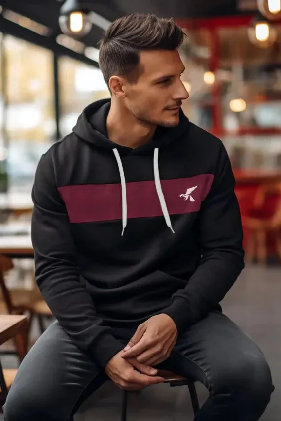 Hawkify Premium Cotton Fleece Hoodie-Black With Maroon Panel