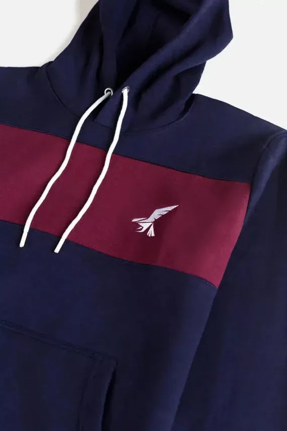 Hawkify Premium Cotton Fleece Hoodie-Navy With Maroon Panel