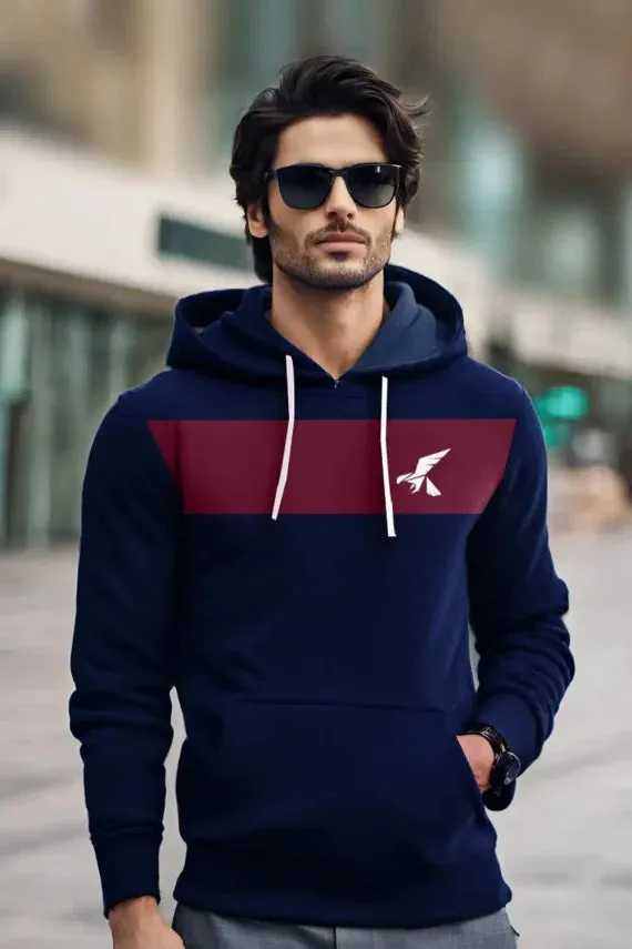 Hawkify Premium Cotton Fleece Hoodie-Navy With Maroon Panel