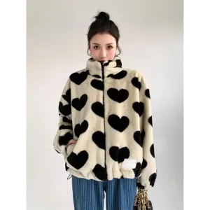 Heart Patterned Teddy Jacket in Soft Faux Fur Y2K Style