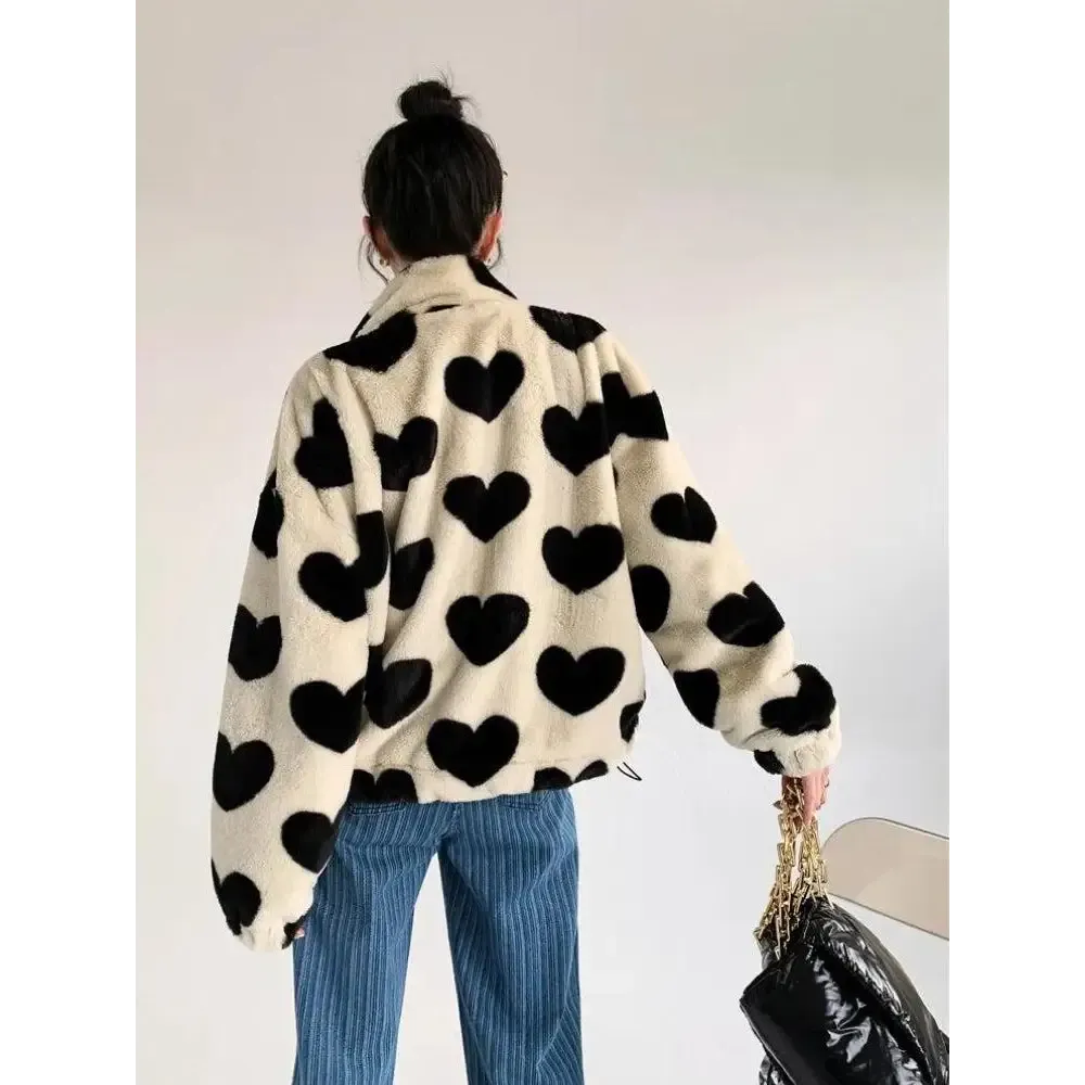 Heart Patterned Teddy Jacket in Soft Faux Fur Y2K Style