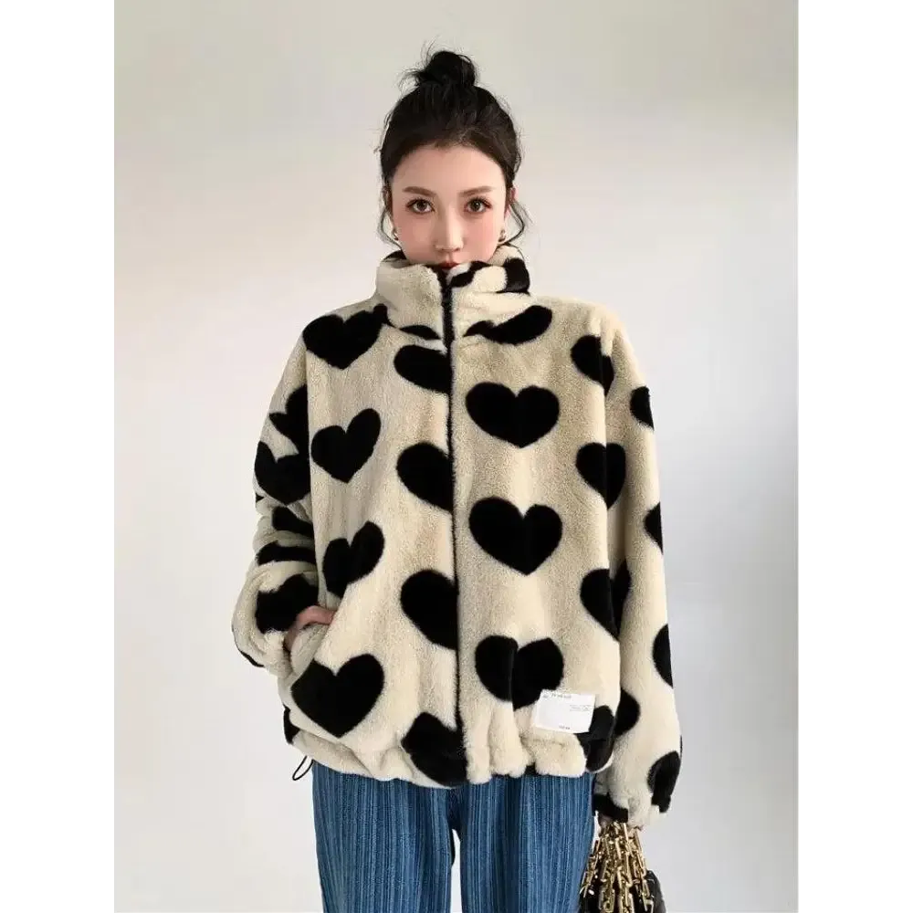 Heart Patterned Teddy Jacket in Soft Faux Fur Y2K Style