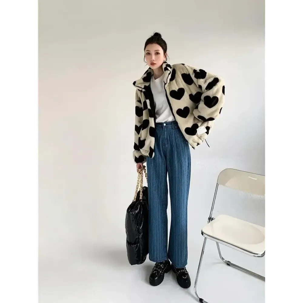 Heart Patterned Teddy Jacket in Soft Faux Fur Y2K Style