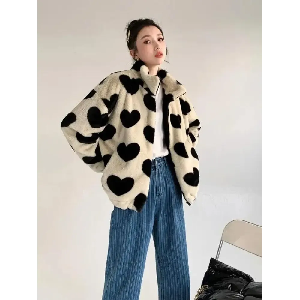 Heart Patterned Teddy Jacket in Soft Faux Fur Y2K Style