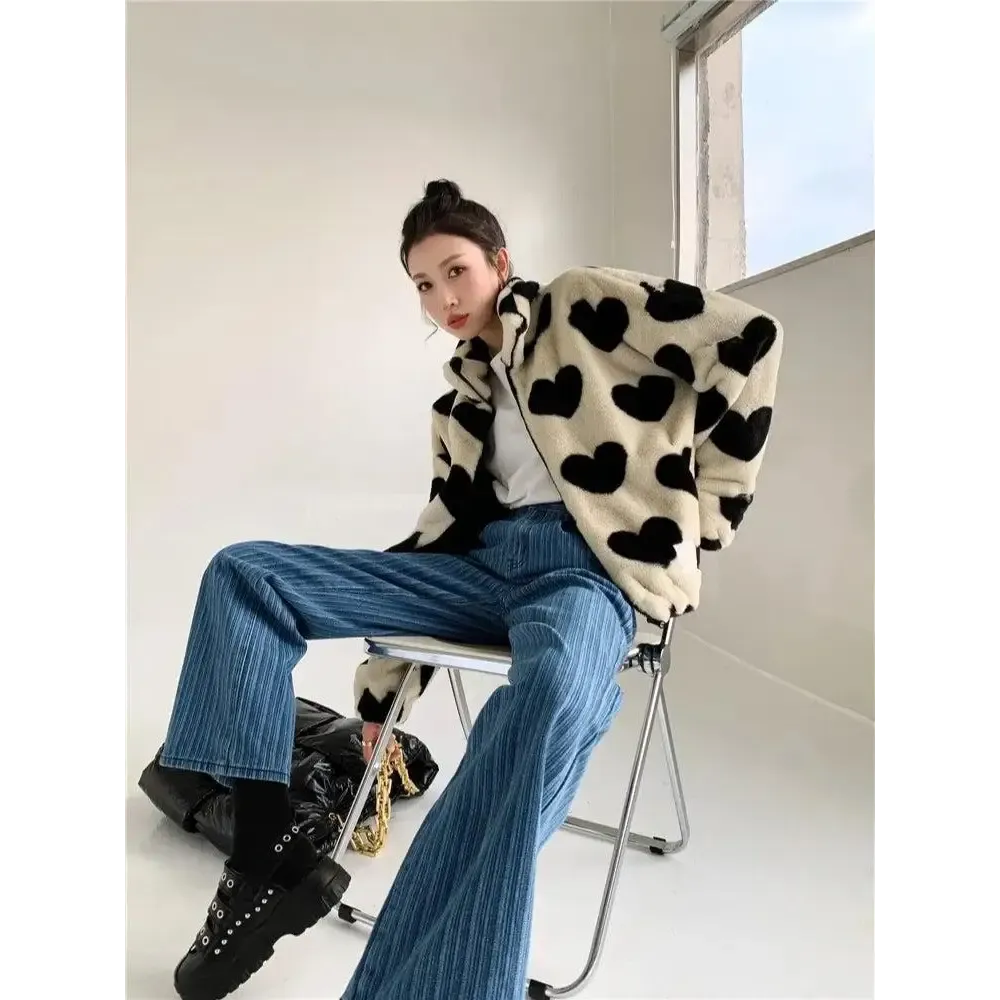Heart Patterned Teddy Jacket in Soft Faux Fur Y2K Style