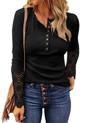 Henley Lace Tops Blouses