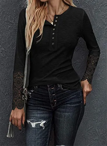 Henley Lace Tops Blouses