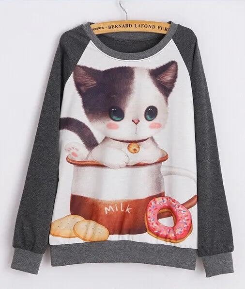 Hoody women Casual hoodies cat kiss fish print tracksuit long sleeve o neck letters sweatshirt for women Top