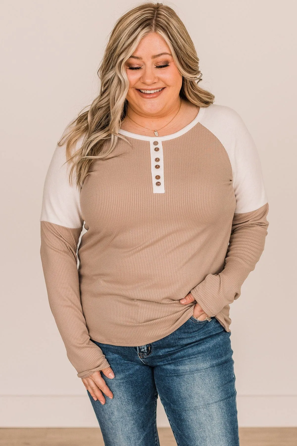 In The Works Button Knit Top- Beige & Ivory