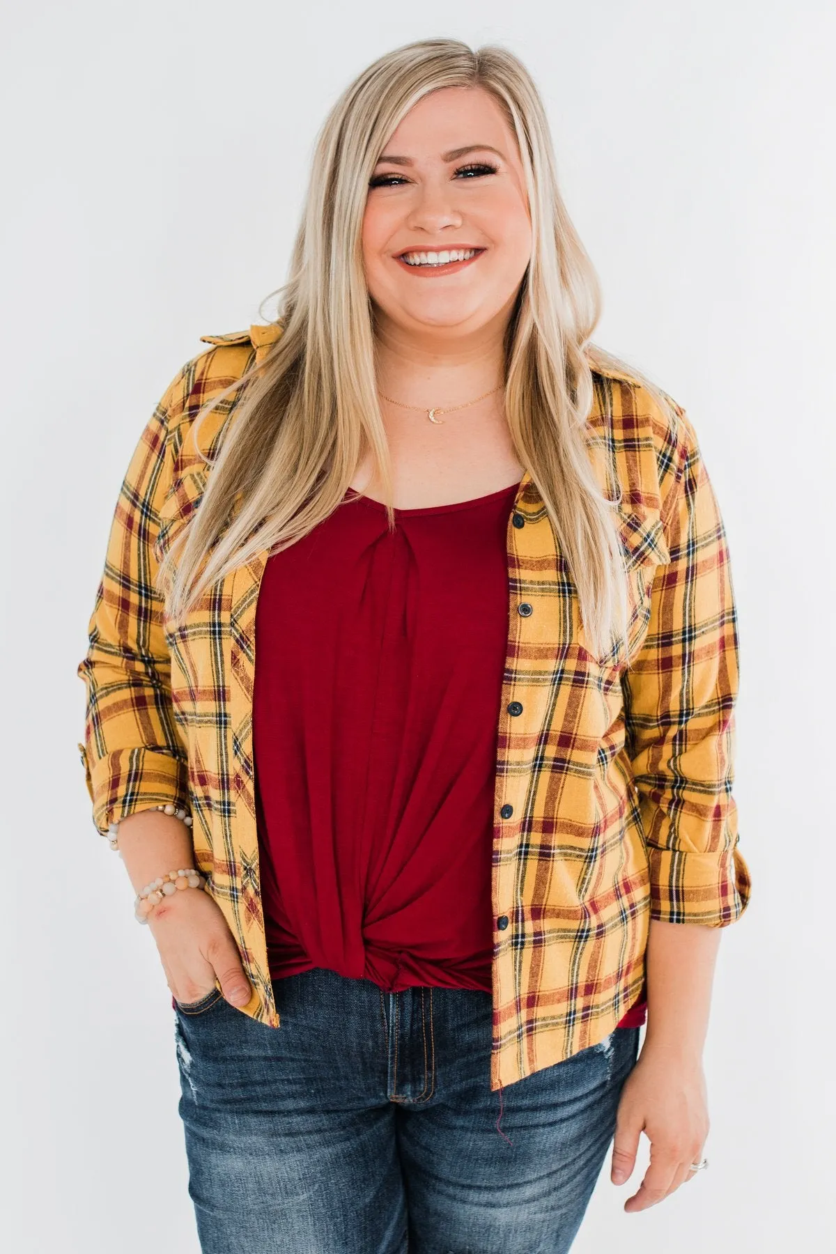 I've Been Told Long Sleeve Plaid Top- Mustard