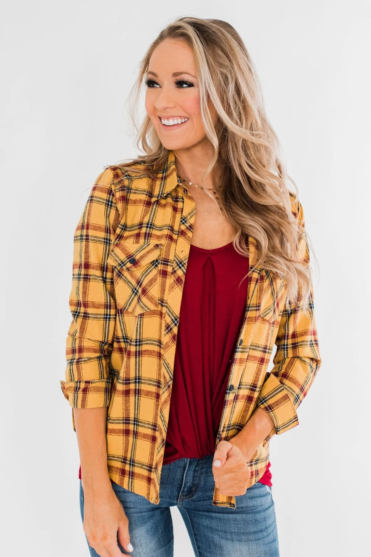 I've Been Told Long Sleeve Plaid Top- Mustard