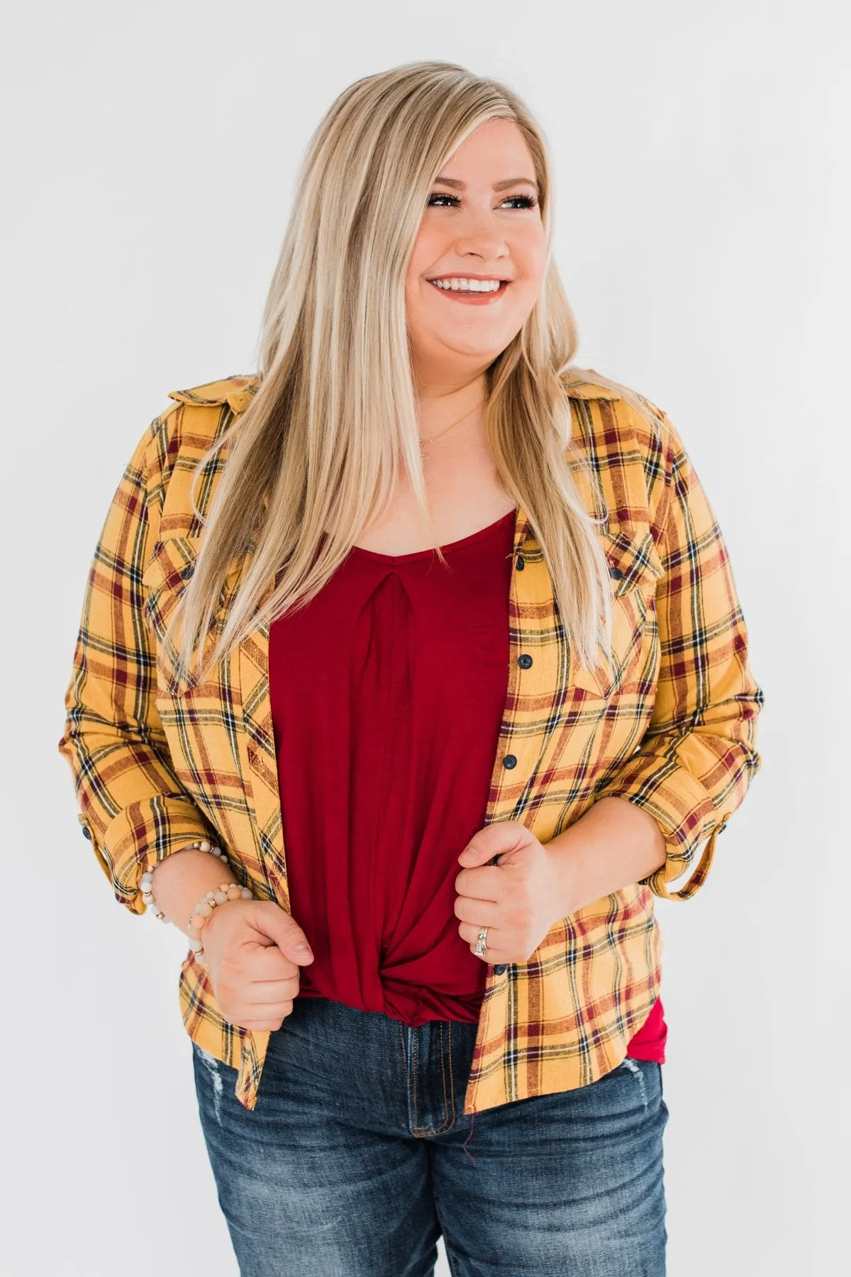 I've Been Told Long Sleeve Plaid Top- Mustard