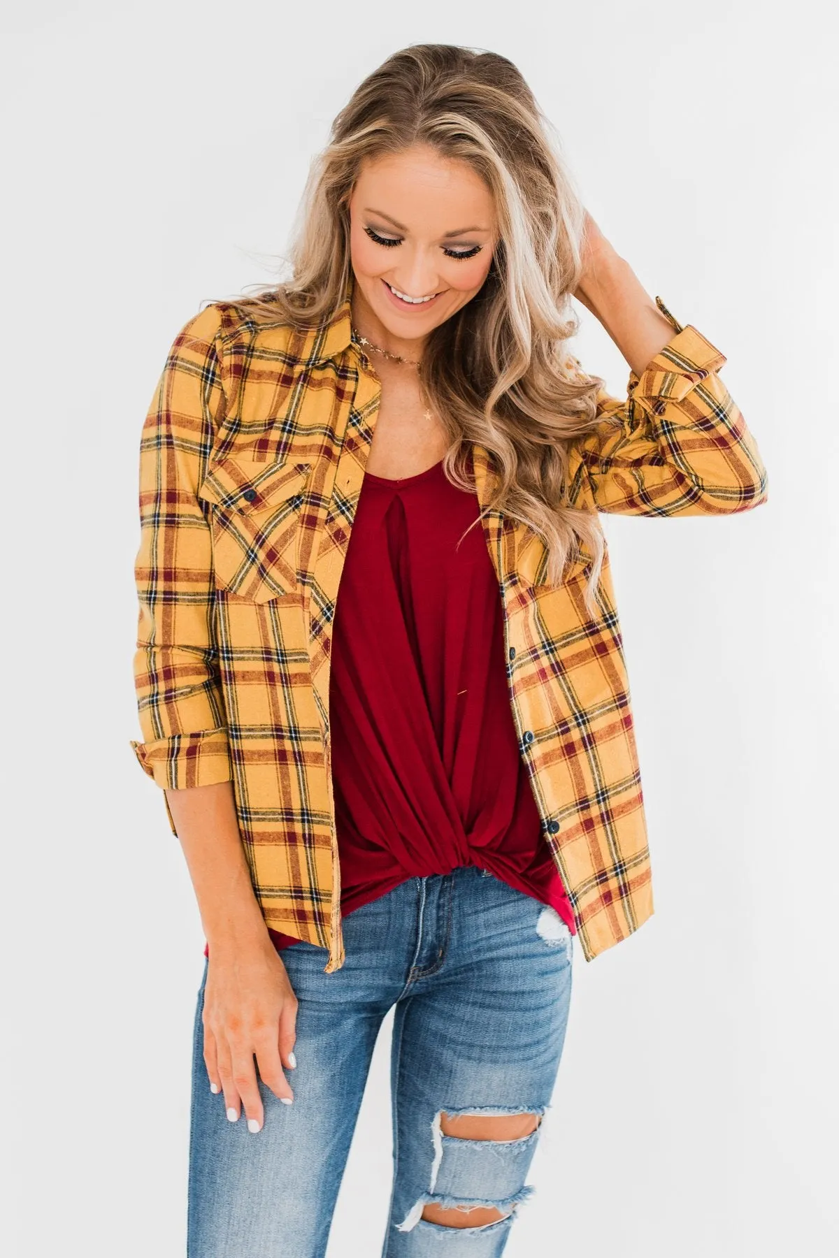 I've Been Told Long Sleeve Plaid Top- Mustard