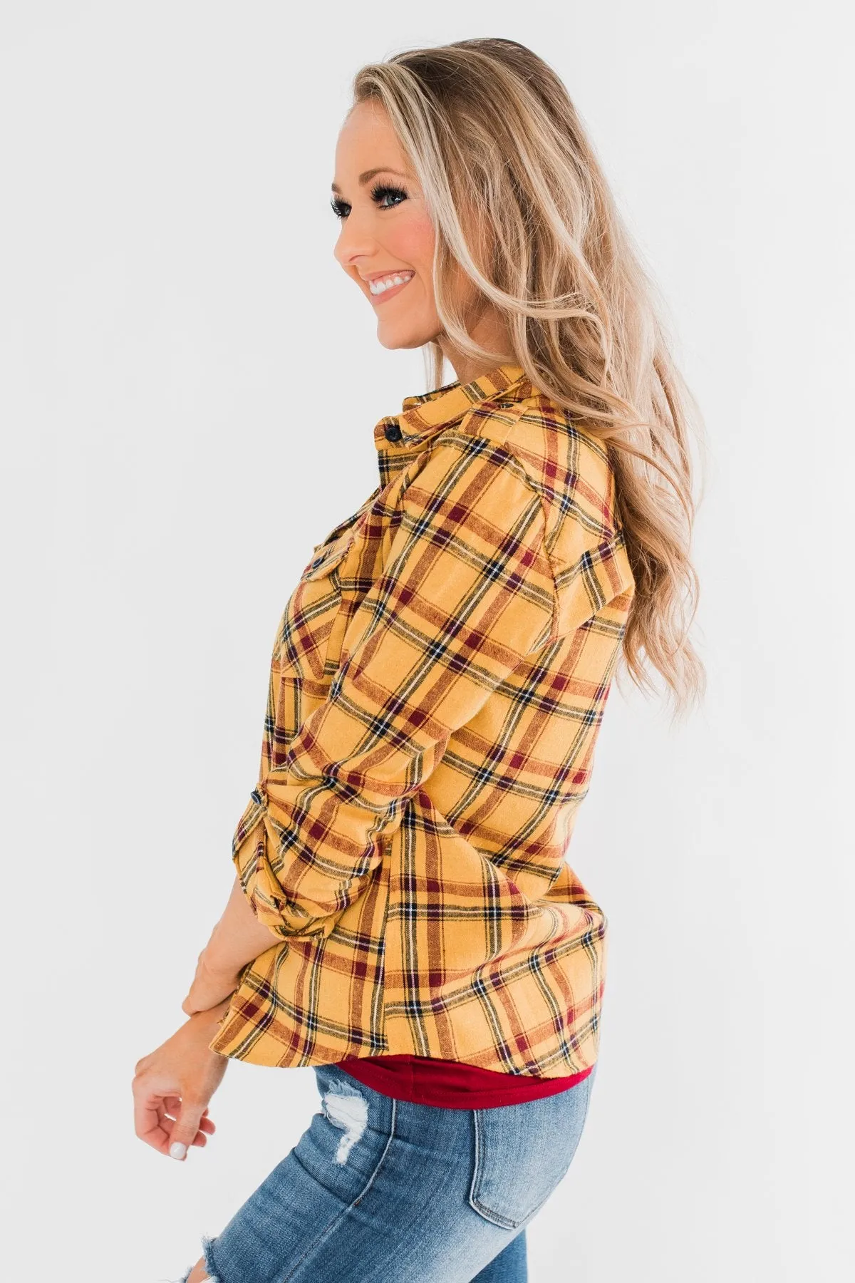 I've Been Told Long Sleeve Plaid Top- Mustard