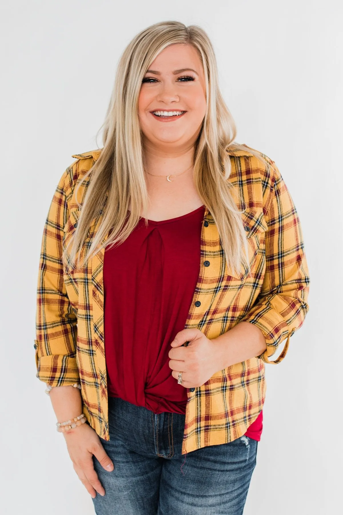 I've Been Told Long Sleeve Plaid Top- Mustard