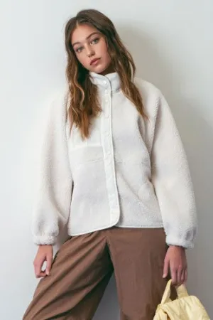 Ivory Solid Snap Fleece Button Jacket