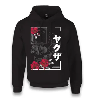 Japanese Quote and Flowers over a Skull Unisex Black Hoodie