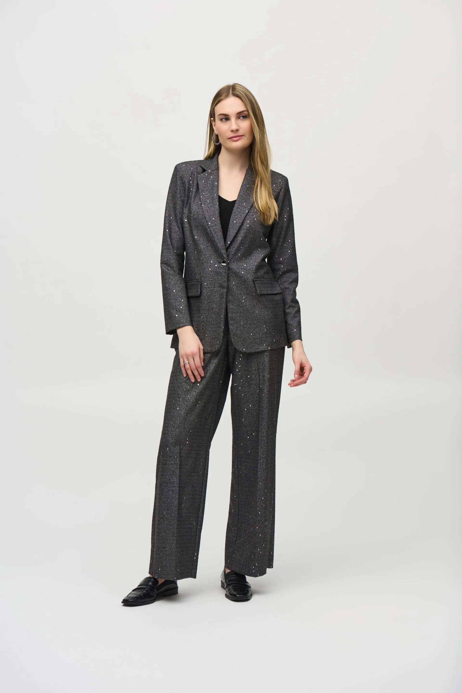 Joseph Ribkoff Black/Grey Sequined Houndstooth Wide-Leg Pants 244030