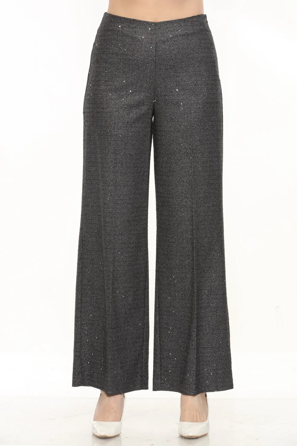 Joseph Ribkoff Black/Grey Sequined Houndstooth Wide-Leg Pants 244030