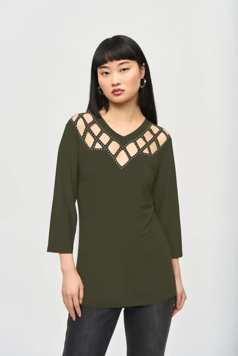 Joseph Ribkoff Embellished Cutout Yoke 3/4 Sleeve Top 243332