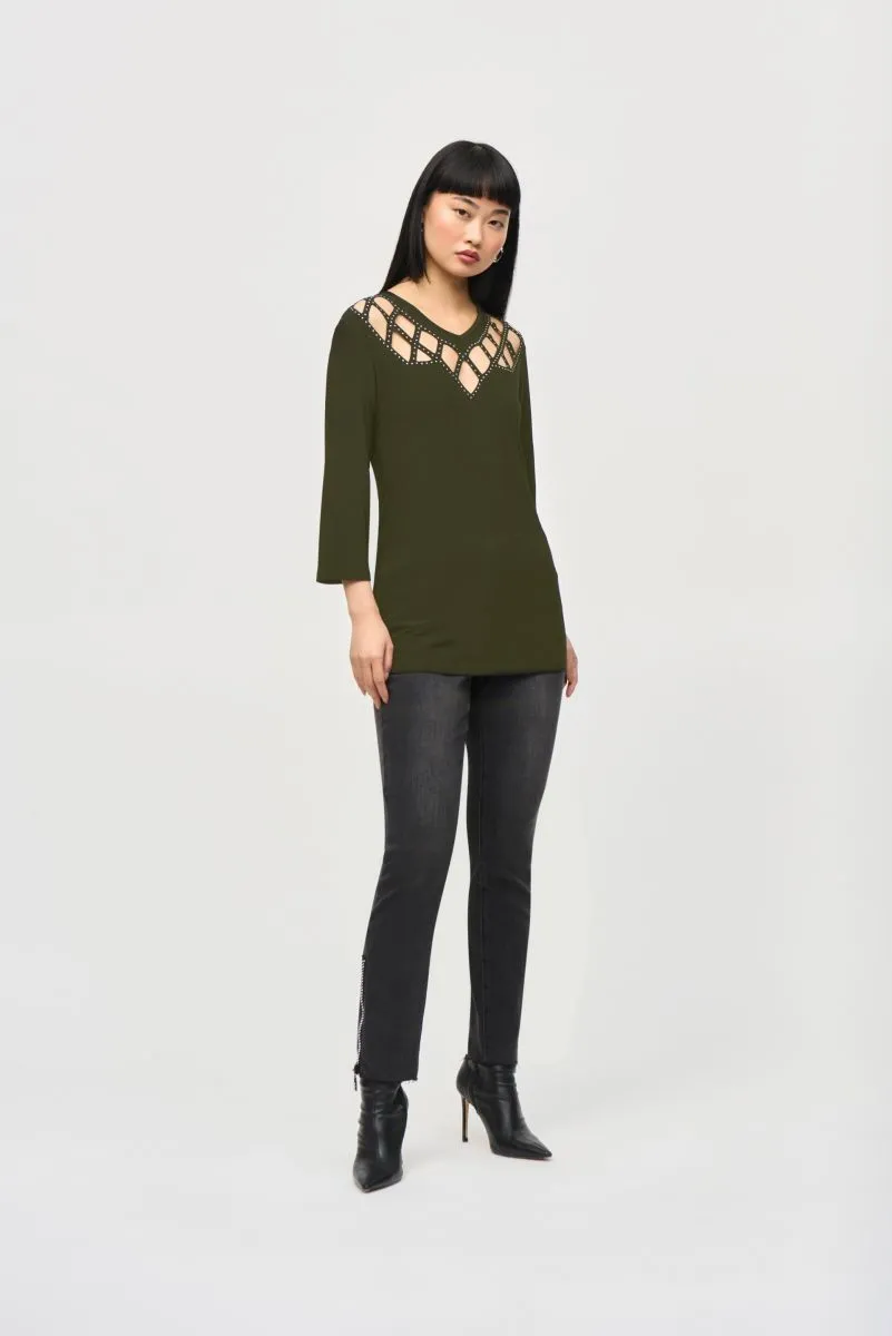 Joseph Ribkoff Embellished Cutout Yoke 3/4 Sleeve Top 243332