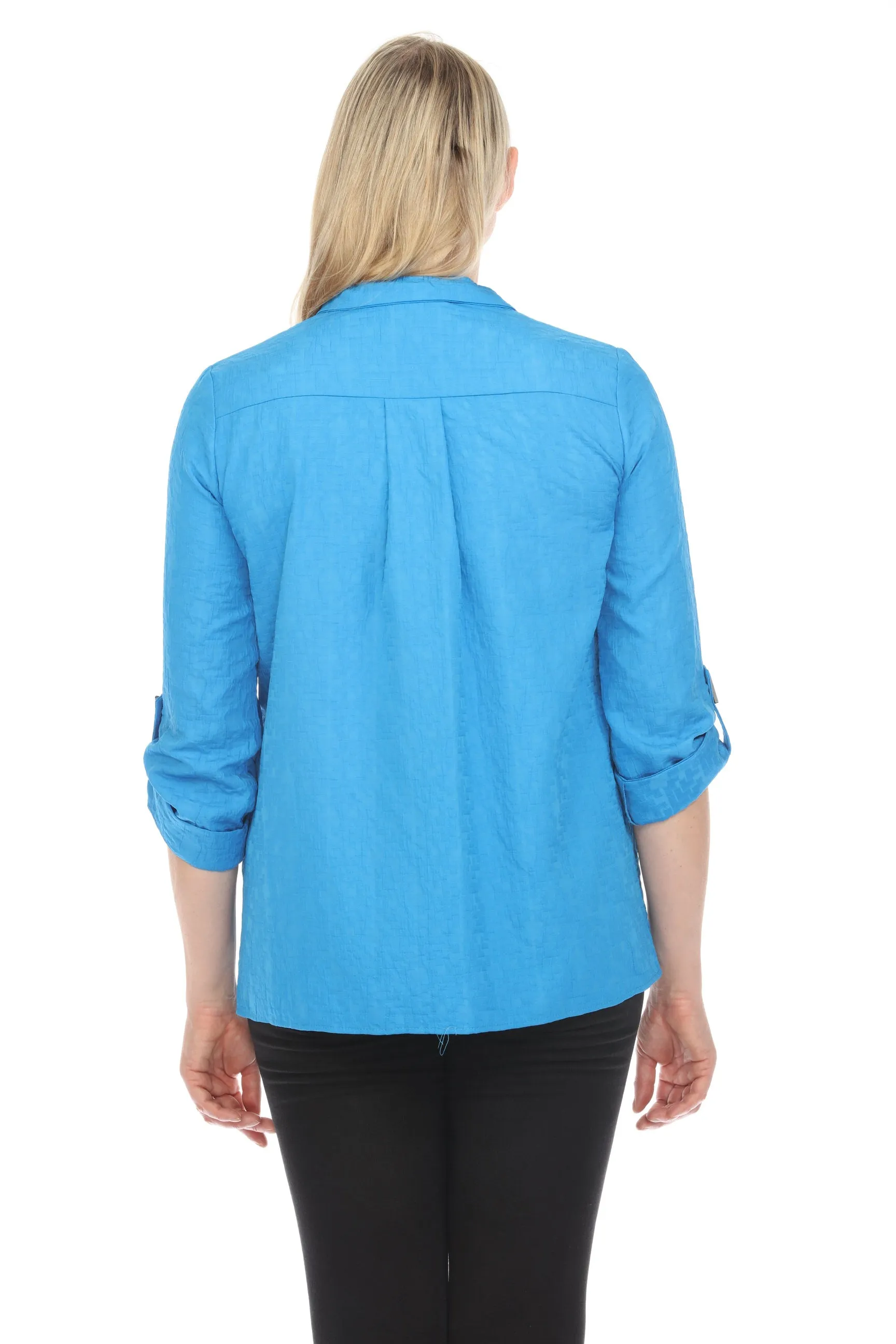 Joseph Ribkoff French Blue Crinkled Button-Down Roll-Tab Sleeve Blouse 241183
