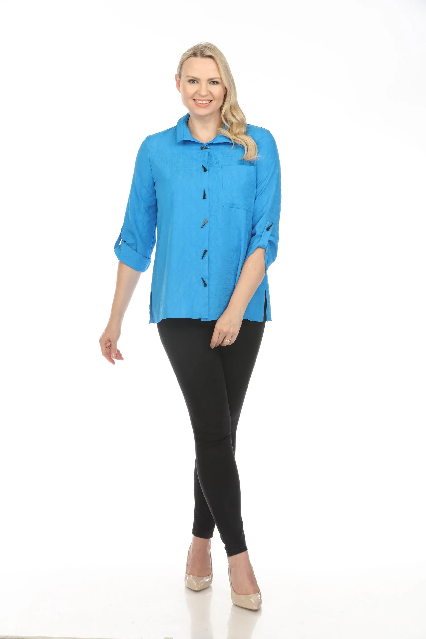 Joseph Ribkoff French Blue Crinkled Button-Down Roll-Tab Sleeve Blouse 241183