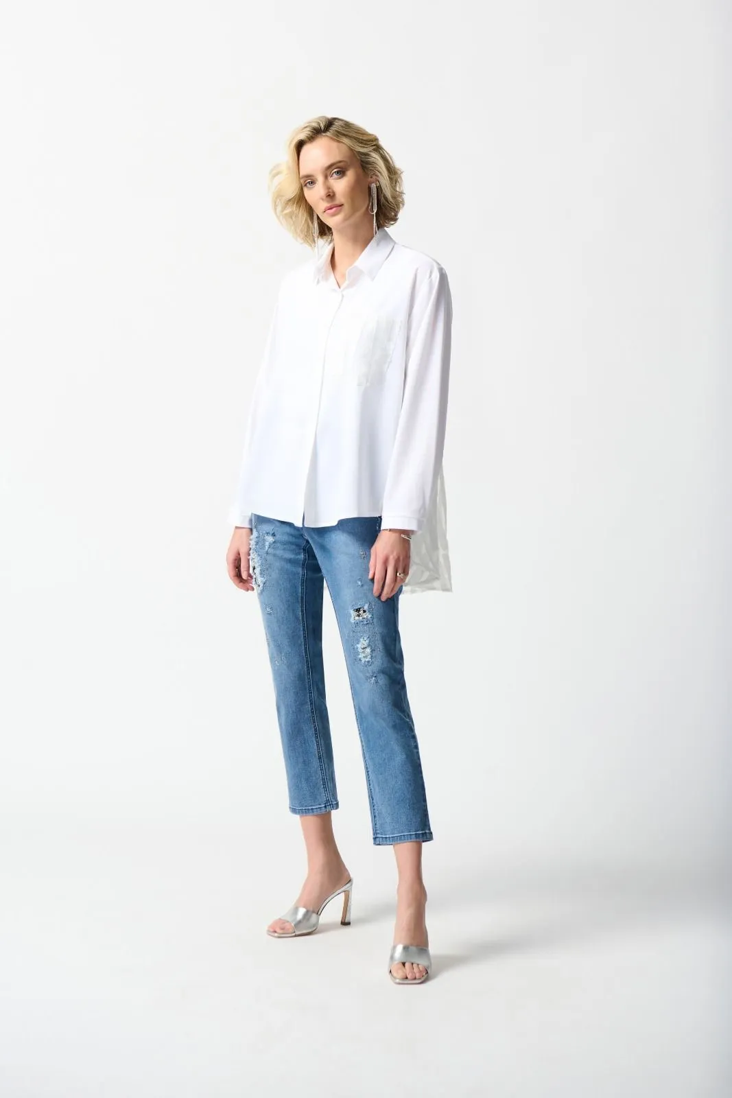 Joseph Ribkoff White Sheer Organza Back Button-Down Hi-Low Blouse 242091