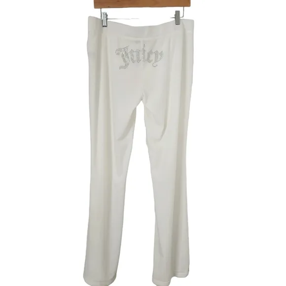 Juicy Couture White Velvet Fleece Rhinestone Logo Sleepwear Pants Women's Size L
