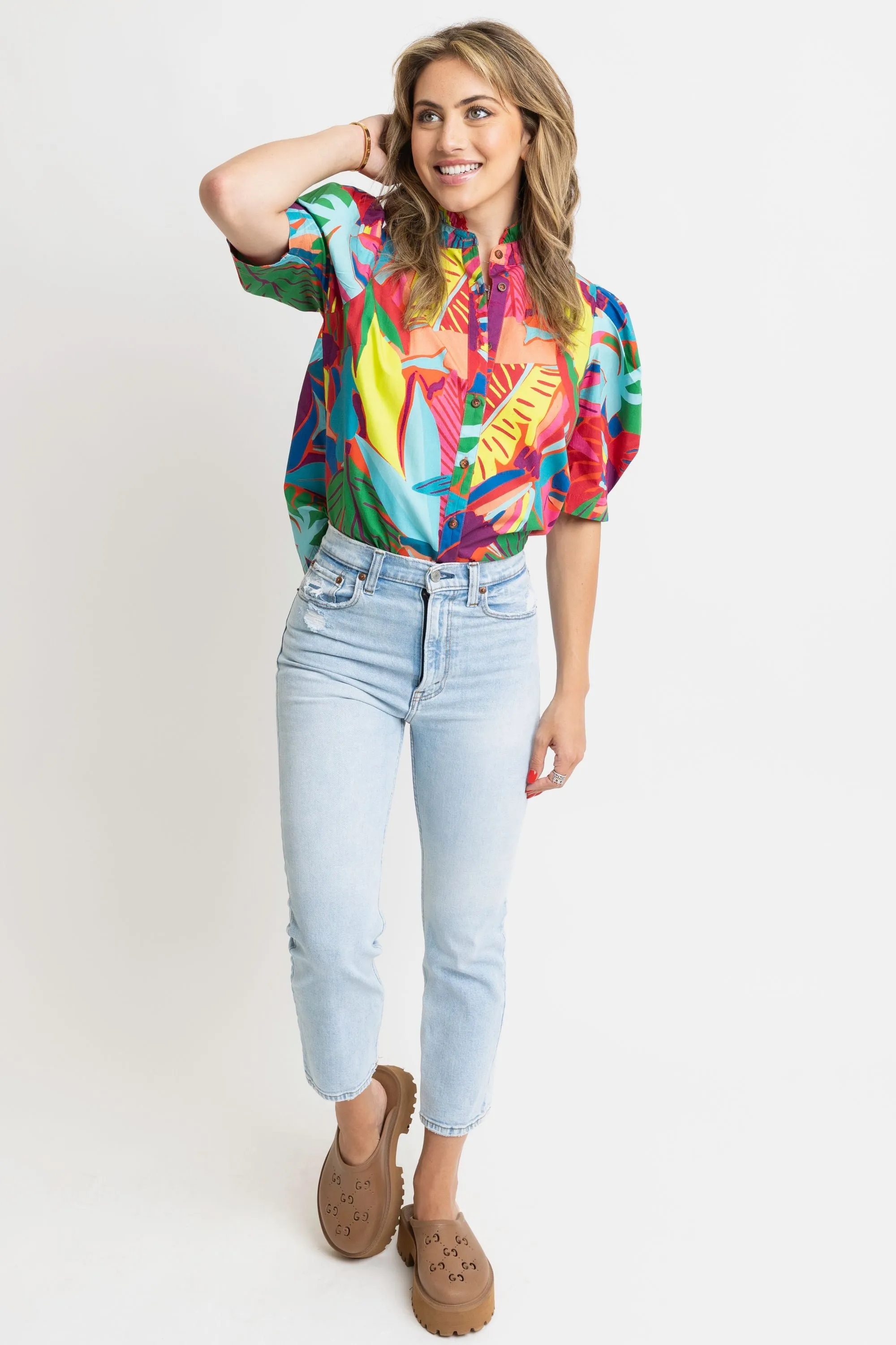 Karlie Birds of Paradise Button Puff Sleeve Top