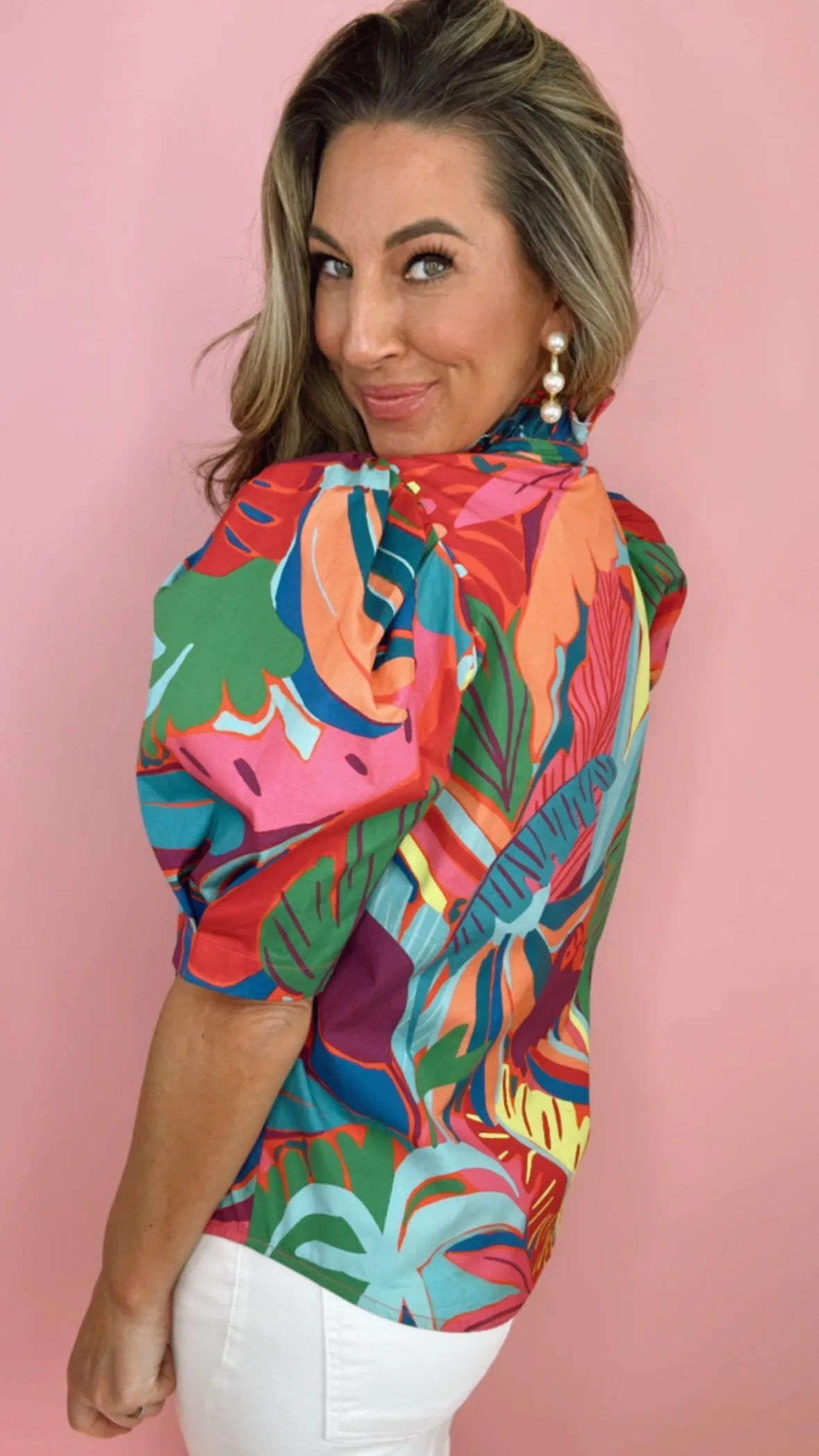 Karlie Birds of Paradise Button Puff Sleeve Top