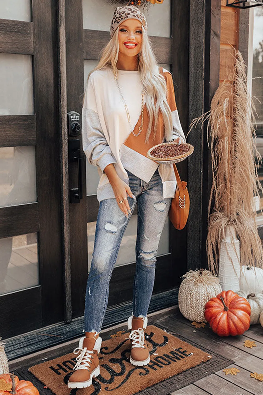 Khaki Colorblock Stitching Irregular Hem Long Sleeve Top