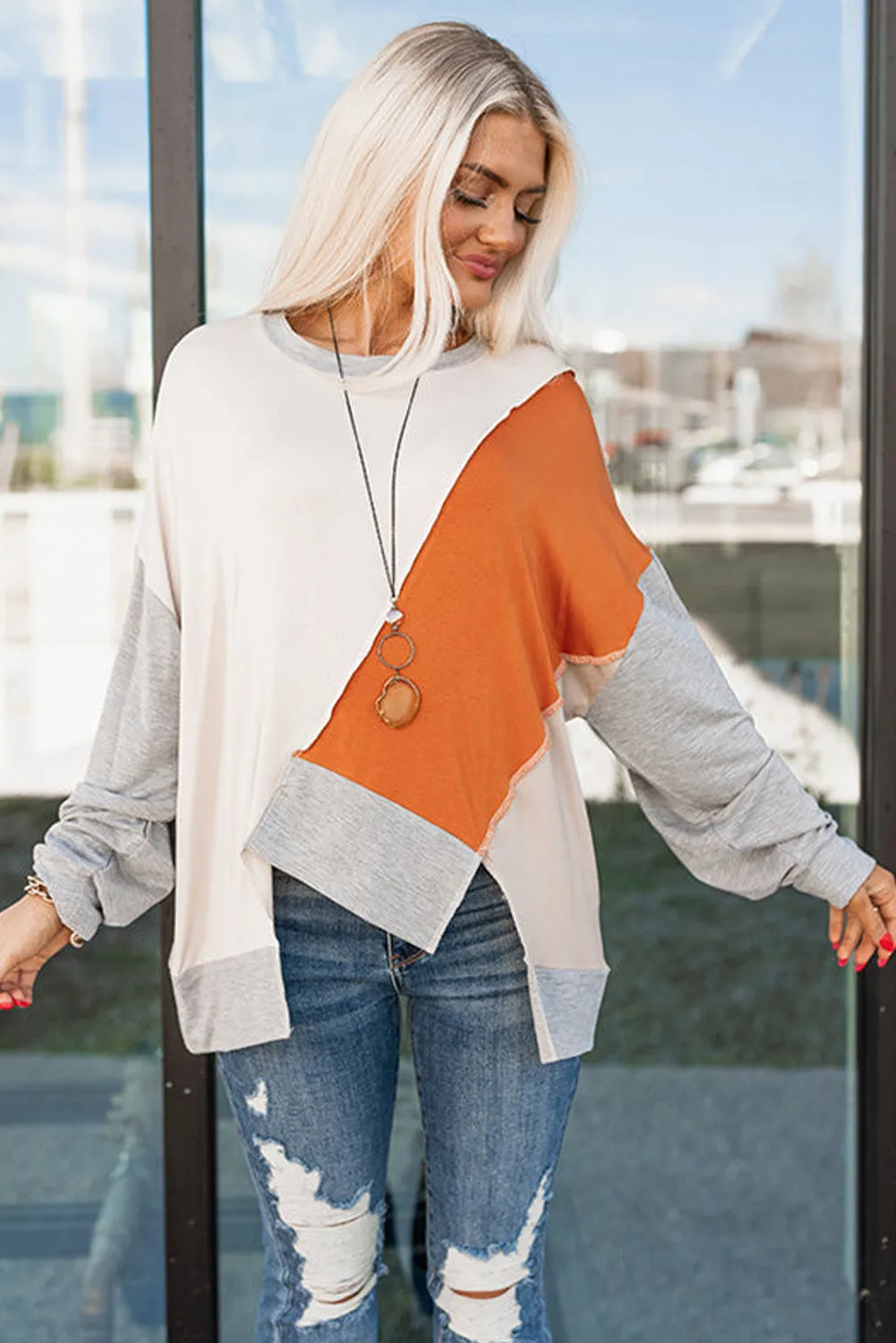 Khaki Colorblock Stitching Irregular Hem Long Sleeve Top