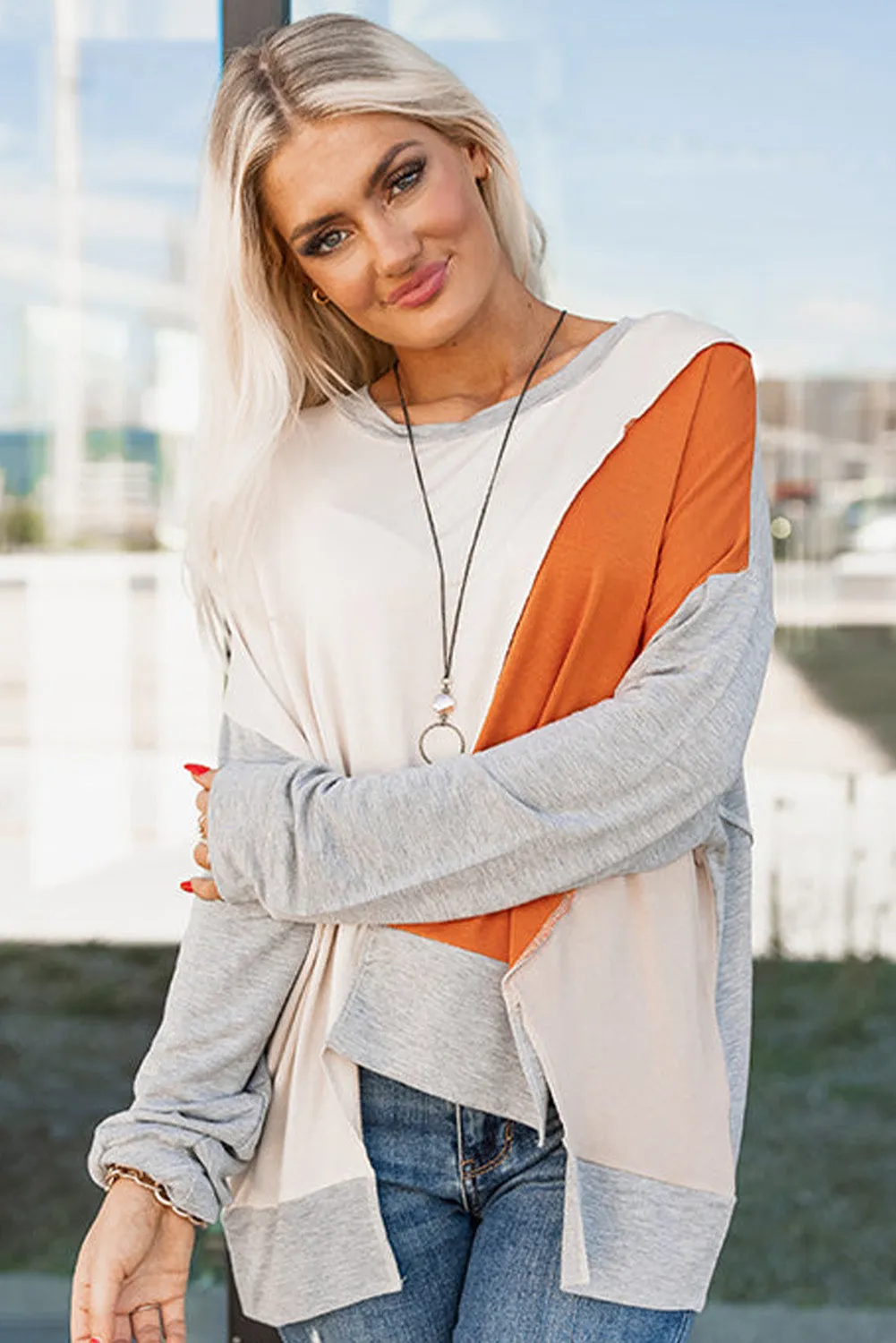 Khaki Colorblock Stitching Irregular Hem Long Sleeve Top