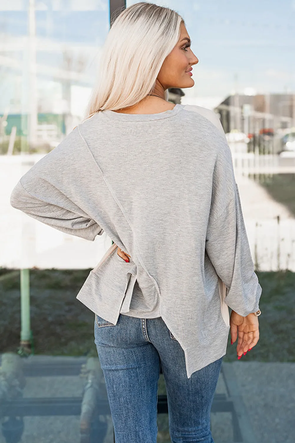 Khaki Colorblock Stitching Irregular Hem Long Sleeve Top