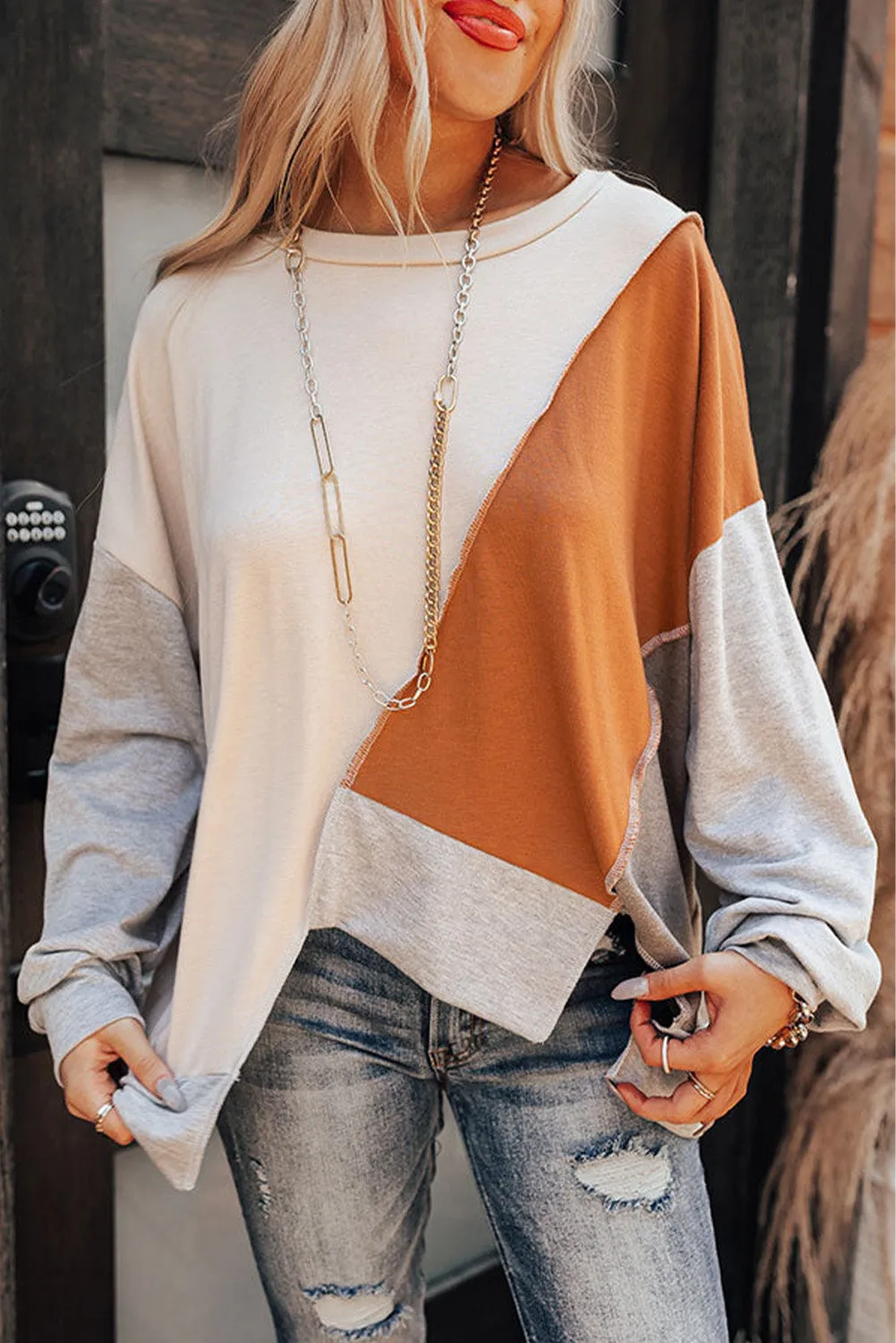 Khaki Colorblock Stitching Irregular Hem Long Sleeve Top