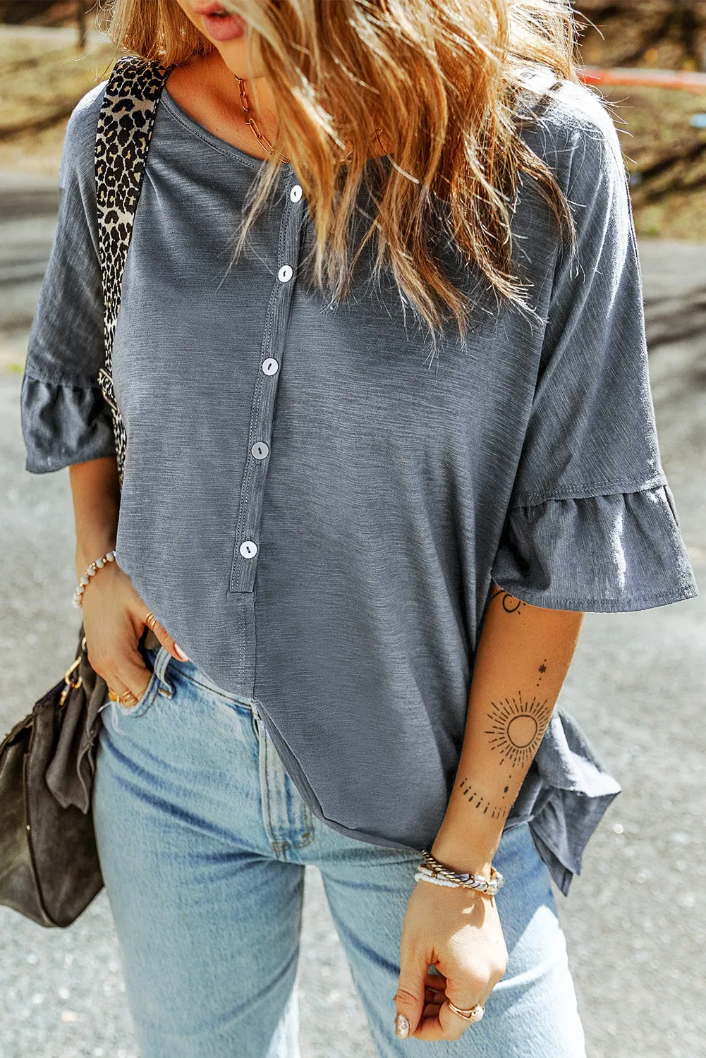 KHD Button Front Flounce Sleeve Tee