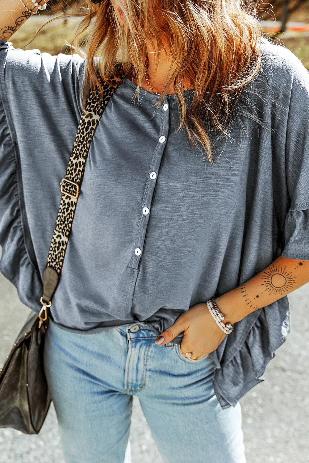 KHD Button Front Flounce Sleeve Tee