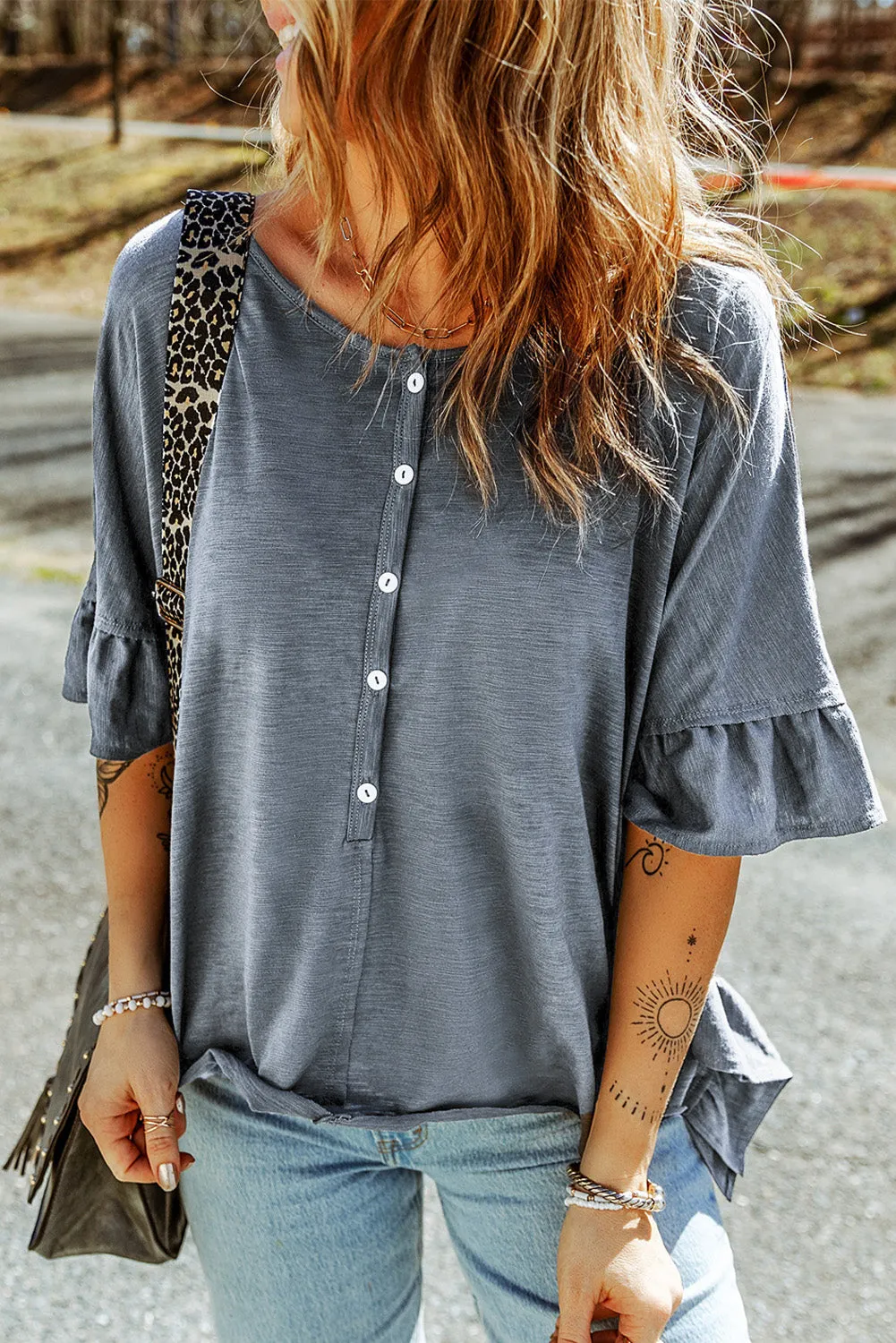 KHD Button Front Flounce Sleeve Tee